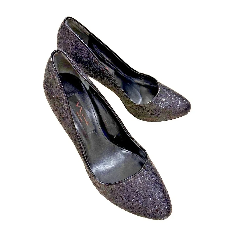 Nina - Black Sparkle Glitter Bling Pumps - 4.25